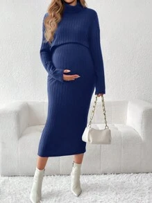 SHEIN 孕妇两件套：纯色高领罗纹长袖上衣和裙子 - 藍色 - 查看 6