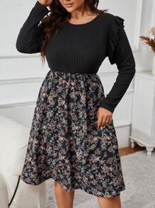 SHEIN VCAY 大码休闲碎花荷叶边下摆束腰连衣裙，秋季 - 彩色 - 查看 5