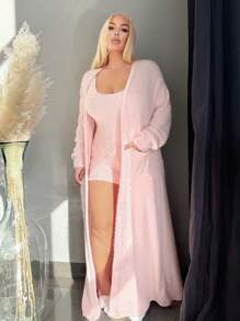 SHEIN SXY Plus Size Women's Autumn And Winter Comfortable And Casual Pink Short Plush Jumpsuit And Long Cardigan Skirt Two-Piece Set