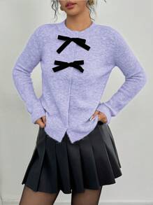 Elenzga Women's Autumn/Winter Bow Decor Casual Loose Cardigan - Purple - View 1