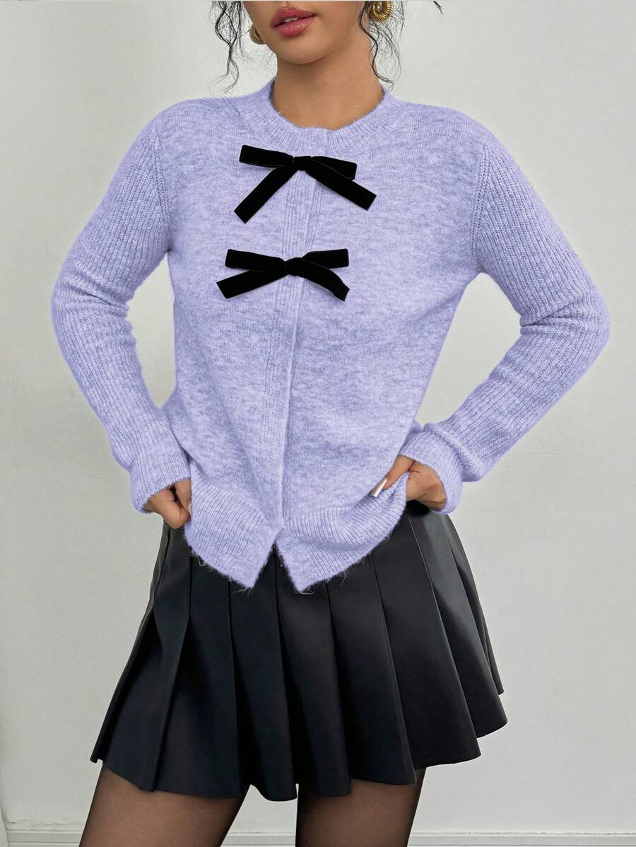 Elenzga Women's Autumn/Winter Bow Decor Casual Loose Cardigan - Purple - View 1