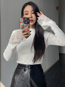 DAZY 1pc Lace Patchwork Fitted Women Pullover Sweater,Fall Clothes - White - View 2