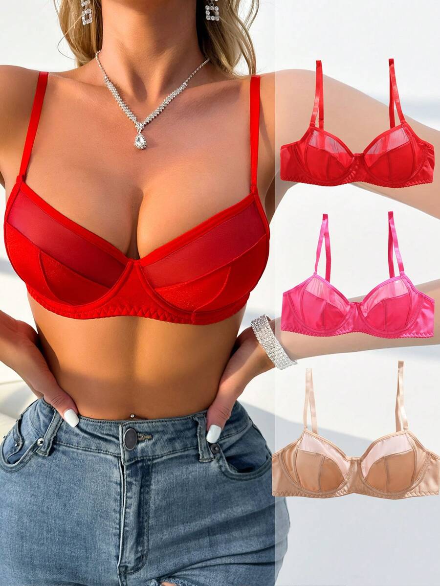 Bộ 3 chiếc áo ngực nữ bằng vải satin mỏng vá cổ điển thanh lịch, thoải mái khi mặc hàng ngày, màu đỏ, hồng, kaki - Nhiều màu - Xem 1