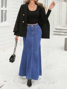 SHEIN Essnce Women's Fashion Distressed Wash Maxi Denim Fish Tail Skirt - Dark Wash - View 5