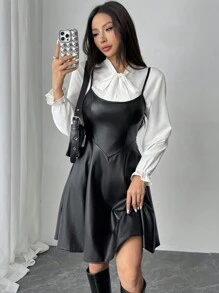 Chiquease 春秋吊带款皮衣连衣裙，时尚修身腰部设计优雅女士连衣裙 - 黑色 - 查看 1