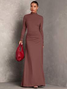 SHEIN BAE Women Solid Color Stand Collar Long Sleeve Pleated Dress, Fall Wedding Guest Dress, Dress Elegant, Winter Women Dress, Fall Women Dresses, Concert Women Outfit