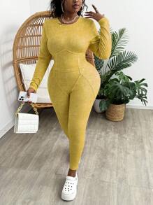 Slaydiva 2 件女式加大码套装：粉色圆领长袖短款上衣和高腰紧身裤，休闲修身款，秋冬 - 黃色 - 查看 1