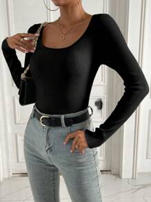 Chiquease 女士休闲纯色罗纹针织修身圆领套头毛衣 - 黑色 - 查看 3