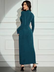 Modelyn 1pc Women Solid Color Twist Design V-Neck Elegant Long Sleeve Dress Long Evening Dresses - Teal Blue - View 3