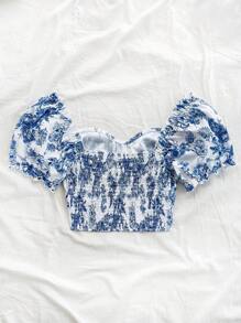 Soleia Women's Holiday Blue & White Floral Print Sweetheart Neck Puff Sleeve Ruffle Hem Patchwork Short Shirt - Multicolor - View 3