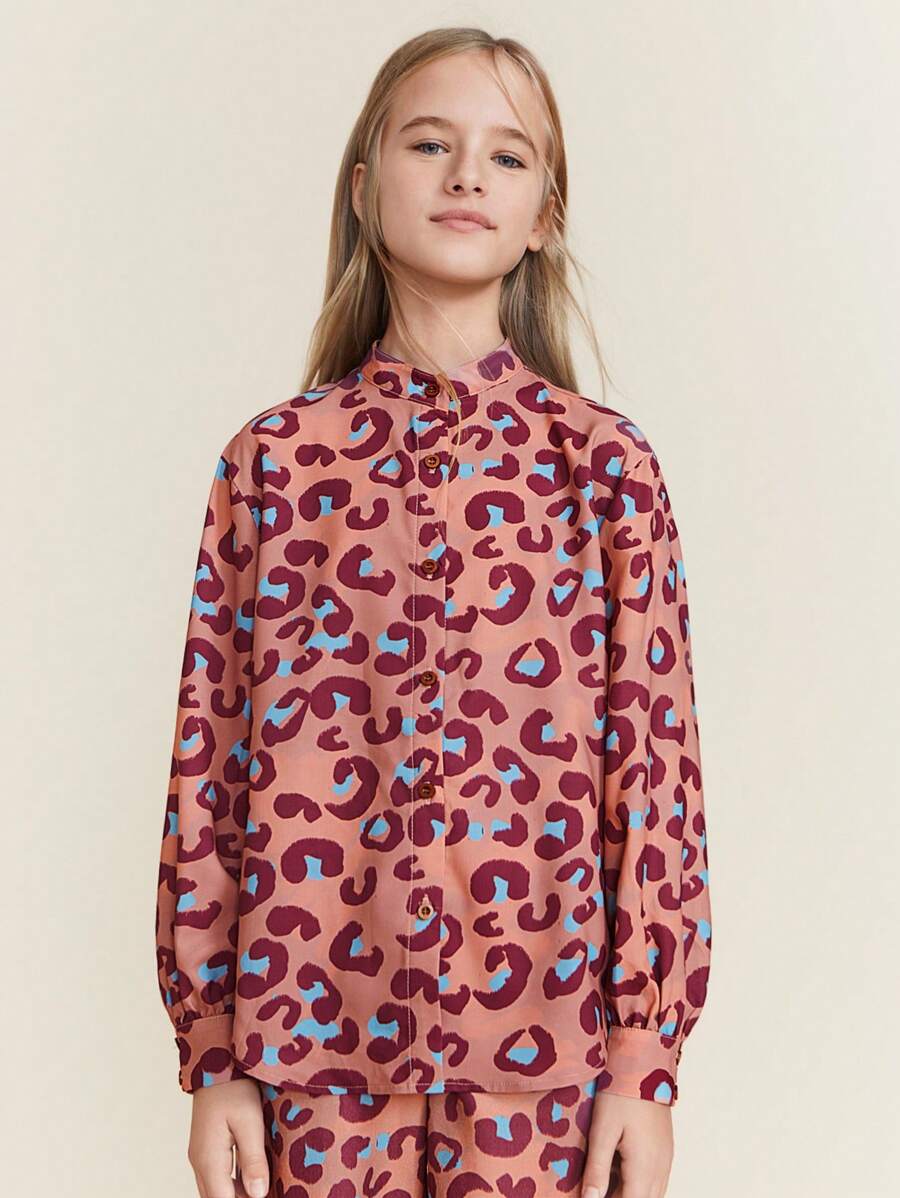 SHEIN Tween Girls Pink Leopard Print Stand Collar Button Front Casual Long Sleeve Loose Shirt, Autumn/Winter - Orange - View 1