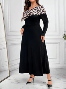SHEIN Clasi Plus Size Women's Asymmetric Hemline Leopard Print Dress - Black - View 3