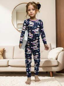 Young Girl Snug-Fit Unicorn Glow-In-The-Dark Print Pajama Set, Navy Blue, Long Sleeve Shirt & Trousers - Navy Blue - View 5
