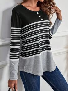 EMERY ROSE Áo thun nữ cổ tròn tay dài kẻ sọc dáng rộng thường ngày, mùa thu - màu đen - Xem 5