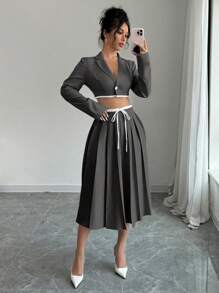 Elenzga 女式拼色翻领长袖短款夹克和褶皱长裙套装，秋季 - 彩色 - 查看 1