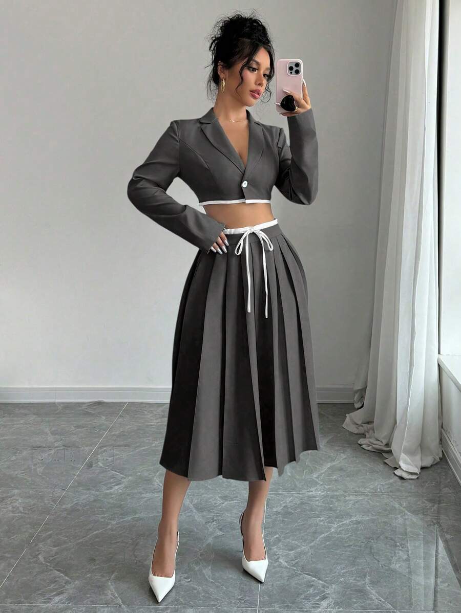 Elenzga 女式拼色翻领长袖短款夹克和褶皱长裙套装，秋季 - 彩色 - 查看 1