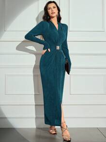 Modelyn 1pc Women Solid Color Twist Design V-Neck Elegant Long Sleeve Dress Long Evening Dresses - Teal Blue - View 4