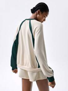 VARSITIE Moletom feminino com capuz, cor sólida, painel, gola redonda, manga comprida, estampa de letras, moletom esportivo casual - Multicolorido - Ver 2