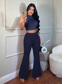 SHEIN SXY Low Waist Solid Flare Leg Skinny Suit Pants Party Sexy Elegant Date Night Party In Fall/Winter - Navy Blue - View 4
