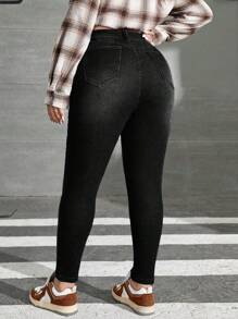 SHEIN EZwear 大码女式口袋紧身休闲弹力牛仔裤 - 黑色 - 查看 2