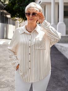 EMERY ROSE Plus Size Winter Clothes For Women Casual Striped Print Front Button Down Pockets Long Sleeve Shirt,