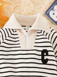 SHEIN 1 件休闲可爱针织高领半拉链条纹长袖运动衫，适合年轻男孩，适合旅行、上学、日常外出和秋冬季节 - 白色 - 查看 4