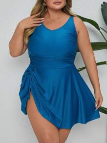 SHEIN CURVE+ 大码女式休闲可调节肩带纯色系带连体泳衣夏季 - 藍色 - 查看 4