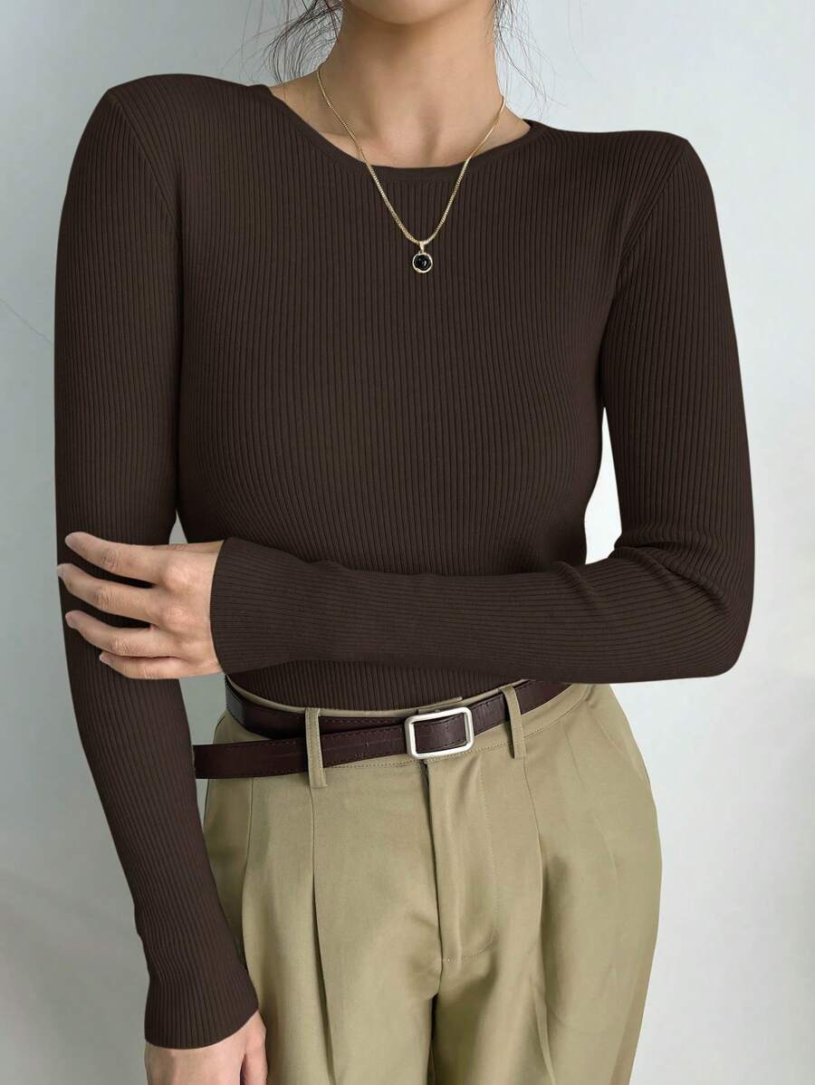 DAZY كنزة صوفية كاجوال بياقة دائرية وأكمام طويلة من الصوف الأحادي اللون، مناسبة للعمل، للخريف والشتاء، ملابس نسائية - قهوة بني - مشاهدة 1