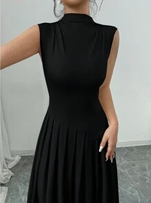 Selianne 2024 新款年轻优雅手工褶皱无袖立领连衣裙，杏色长款女装 - 黑色 - 查看 4