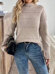 SHEIN LUNE Áo len chui đầu dài tay rộng thùng thình hở vai nửa cổ lọ thường ngày cho nữ - Màu be - Xem 3