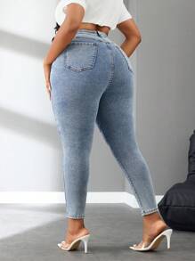 SHEIN SXY Plus Size Damskie Elastyczne Niebieskie Stylowe Guziki Projekt Skinny Jeans - Niebieski - Zobacz 2
