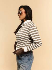 Athîral Women Casual Striped Polo Collar Drop Shoulder Long Sleeve Loose T-Shirt, Autumn