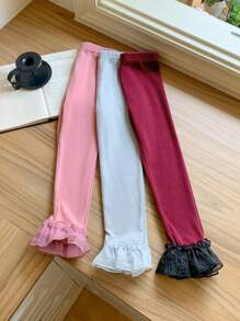 Blossori Young Girls 3pcs Set: Ruffle Hem Knitted High Waist Leggings, Elegant French Style For Autumn/Winter - Multicolor - View 9