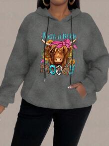 Calvaya 大码女式印花抽绳连帽宽松长袖休闲卫衣，秋季套头衫 - 深灰色 - 查看 4