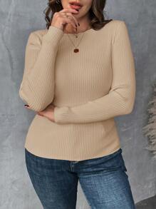 SHEIN Clasi Plus Size Women Apricot V-Neck Long Sleeve Basic Sweater, Pullover For Autumn And Winter