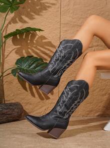 ROMWE Fairycore Women's Embroidered Cowgirl Boots, European And American Retro Chunky Heel Round Toe Mid-Calf Boots, Plus Size