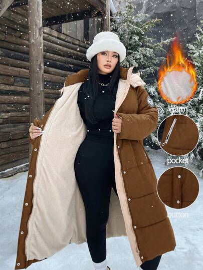 Calvaya Vrouwen Plus Size Letter Print Ritssluiting Capuchon Lange Gewatteerde Gewatteerde Jas, Thermische Voering, Winterkleding