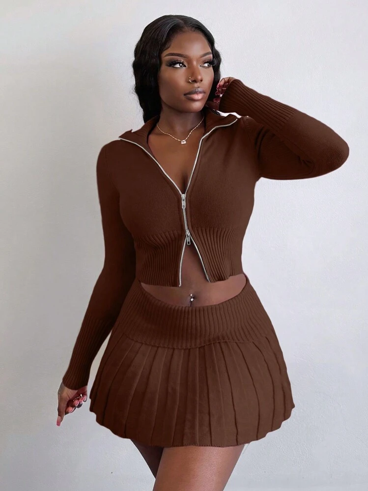 Slaydiva Sweet Pink Front Zip Tight Long Sleeve Cardigan And Low