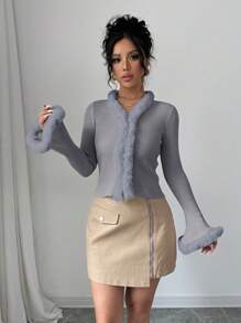 Chiquease 女士休闲纯色长袖毛衣开衫，带毛领，秋季 - 淺灰色 - 查看 3