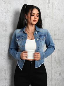 SHEIN PETITE Women's Single-Breasted Long Sleeve Denim Jacket With Fringe Trim, Autumn
