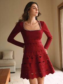 Anewsta 水钻装饰方领荷叶边下摆针织迷你连衣裙 酒红色女装