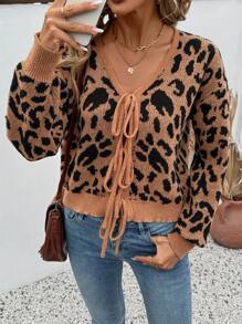 SHEIN VCAY Women's V-Neck Tie Up Vintage Leopard Print Knot Brown Checkered Cardigan,Oversized Long Sleeve Knit Sweater,Autumn,Casual,Everyday,Old Money Office - Multicolor - View 1