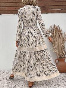 SHEIN VCAY Váy nghỉ dưỡng thường ngày cổ chữ V chắp vá tay đèn lồng xếp ly cho nữ, mùa thu/đông - Nhiều màu - Xem 2