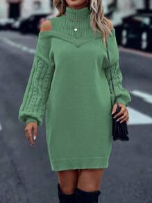 SHEIN LUNE Đầm len dệt kim hở vai cổ đứng màu trơn đơn giản, phù hợp cho mùa thu đông - màu xanh lá - Xem 5