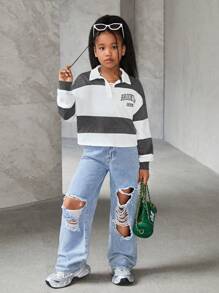SHEIN Tween Girls Loose Casual Contrast Color Splice Shirt Collar Letter Print Cropped Long Sleeve Sweatshirt
