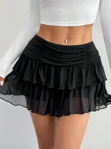 SHEIN Unity Women Casual Solid Color Ruffled Hem A-Line Skirt Mini Short Women - Black - View 5