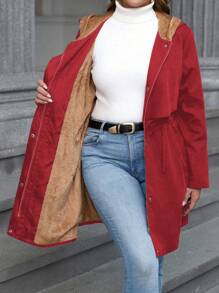 SHEIN LUNE Chaqueta con capucha gruesa para mujer talla grande, de manga larga, con cordón en la cintura, unicolor, para Año Nuevo