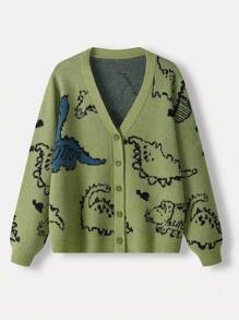 Flirla Cardigan Casual Minimalista com Estampa de Dinossauro de Manga Longa e Abertura com Botões, para Uso Diário, Inverno, Tamanhos Grandes - Verde Escuro - Visão 1
