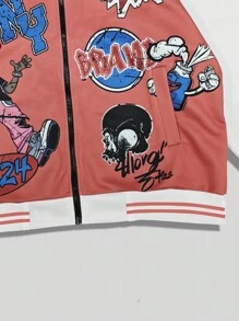 ROMWE MEN Street Life Chaqueta de béisbol de manga larga con estampado de letras y personajes de dibujos animados para hombre, estilo callejero, para otoño - Multicolor - Ver 5