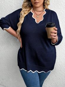SHEIN CURVE+ 大码撞色饰边毛衣，秋冬季休闲款 - 寶藍色 - 查看 5